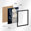 A photo canvas poster featuring botanical elements on a dark background, shown alongside its wood cover and black frame.