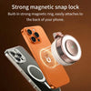 An orange smartphone and a round magnetic accessory are shown, demonstrating a strong magnetic snap lock feature.