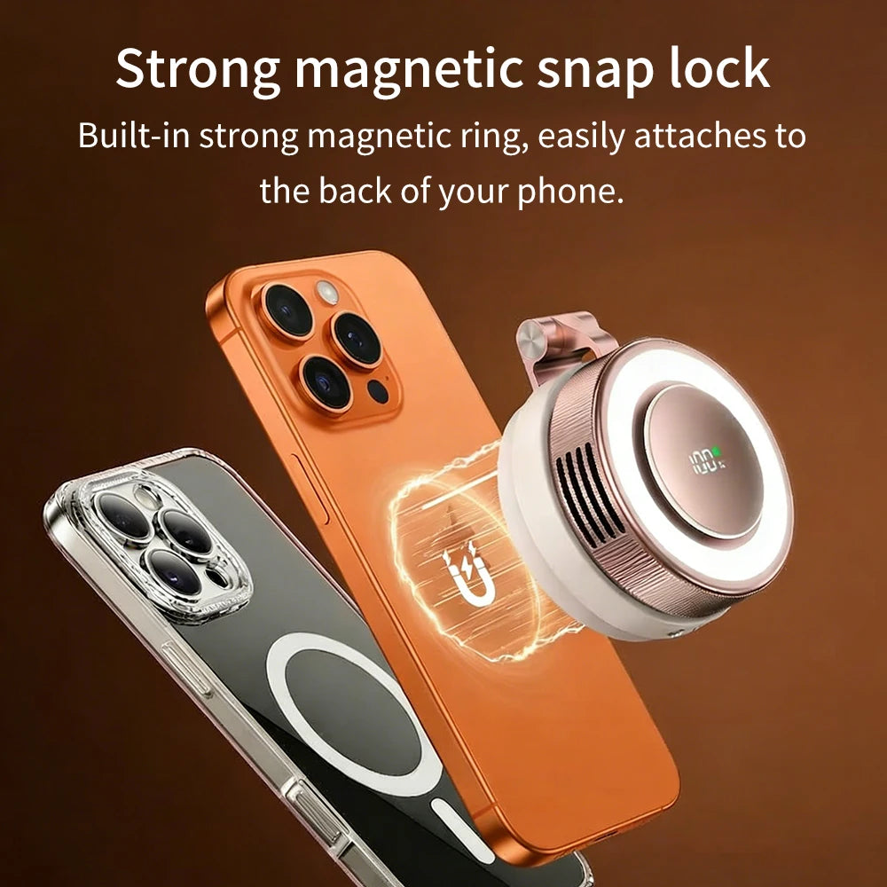 An orange smartphone and a round magnetic accessory are shown, demonstrating a strong magnetic snap lock feature.