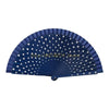A dark blue wooden hand fan with white polka dots, shown in a fan shape.
