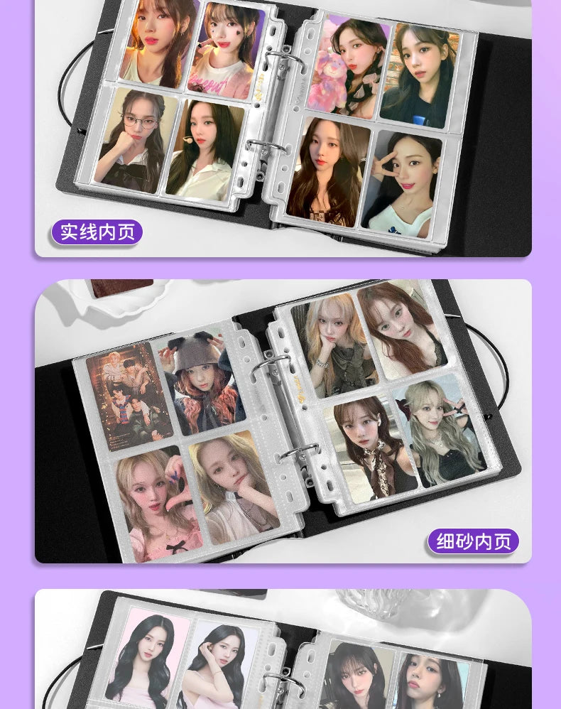 A display of trading cards and photos organized in an A5/A4 ring binder.