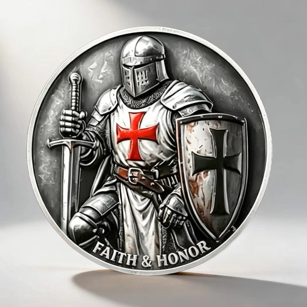 A silver-plated coin depicting a knight in armor with a cross on his chest and a shield, labeled Faith & Honor.