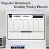 A white magnetic whiteboard monthly weekly planner with a weekly calendar layout and space for notes.