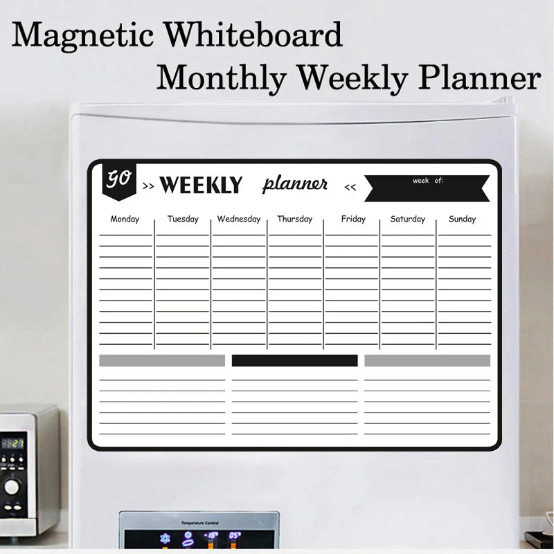 A white magnetic whiteboard monthly weekly planner with a weekly calendar layout and space for notes.