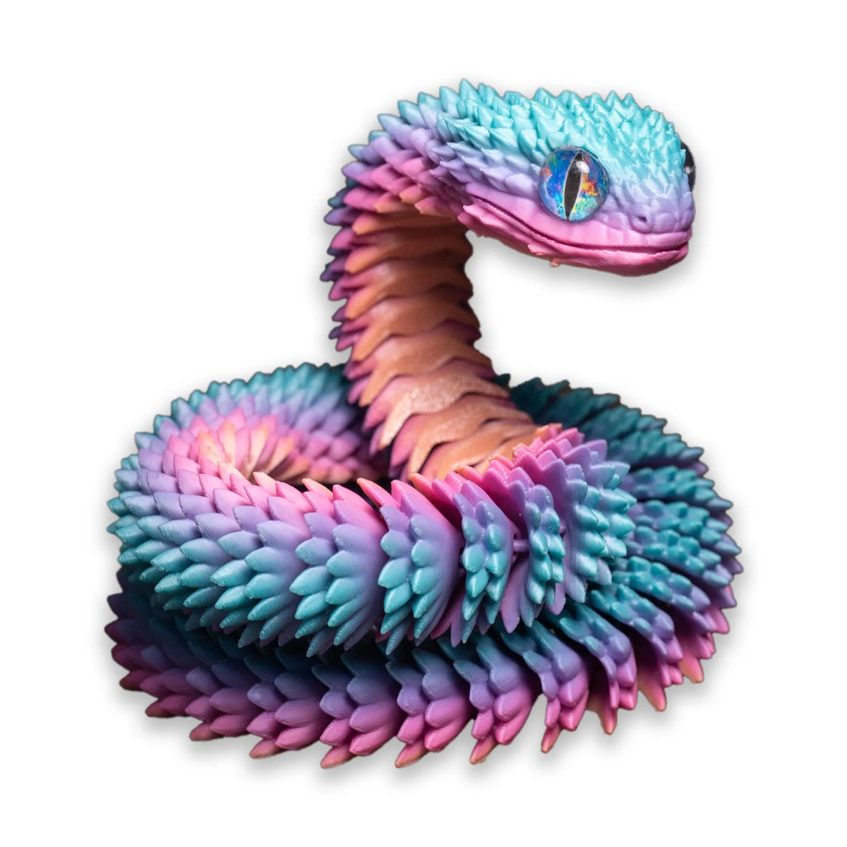 Leuchtendes, mehrfarbiges 3D-gedrucktes Schlangen-Fidget-Spielzeug mit irisierenden Schuppen und einem auffälligen Auge.