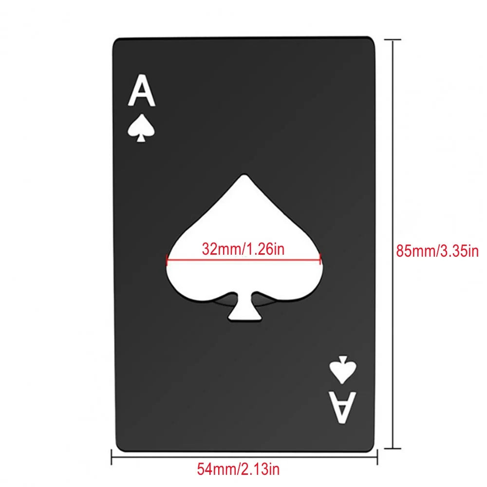 A black playing card shaped stainless steel bottle opener featuring an Ace of Spades design.