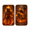 A pair of gothic copper challenge coins featuring designs like a horned beast, a dragon, and other mythical figures.