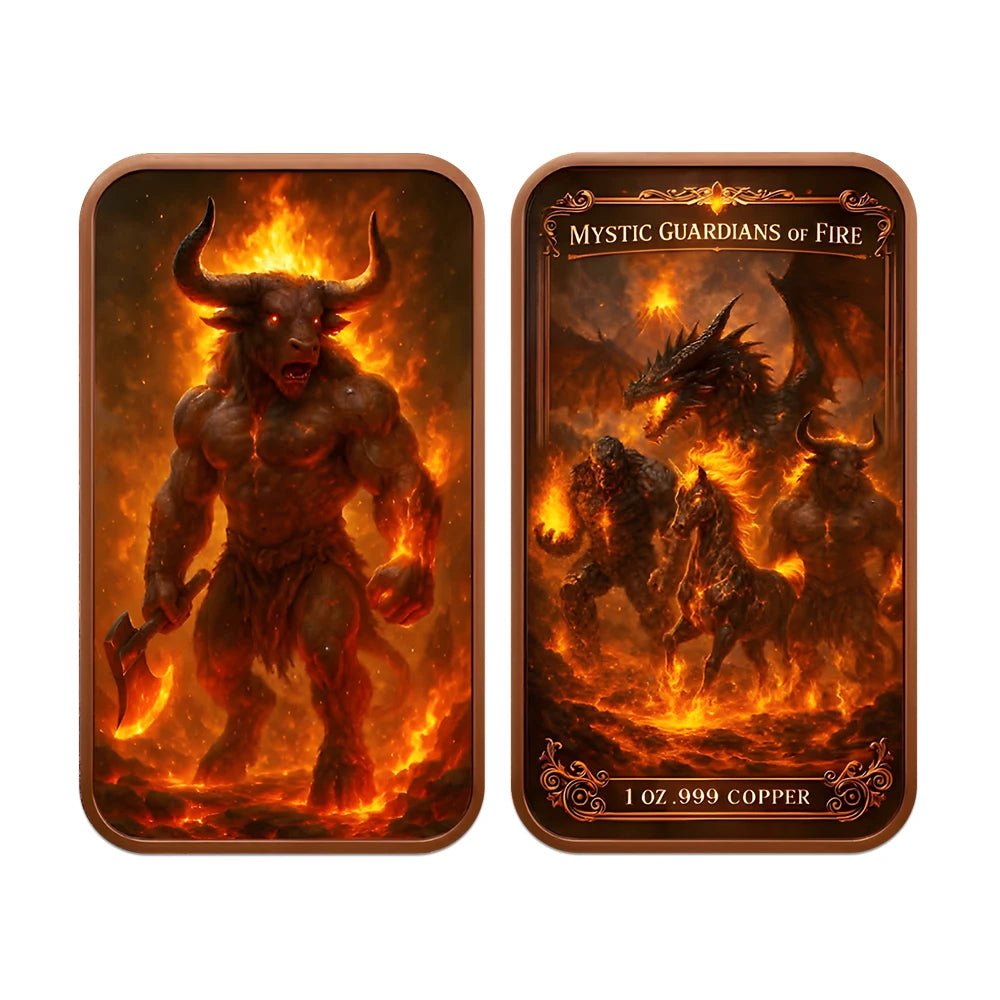 A pair of gothic copper challenge coins featuring designs like a horned beast, a dragon, and other mythical figures.