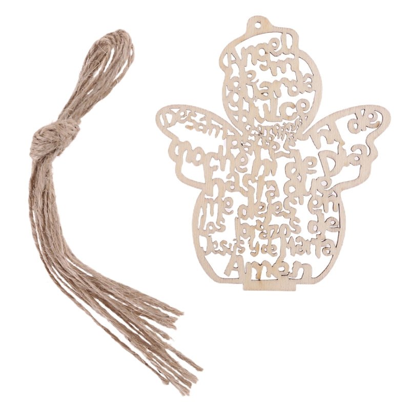A wooden angel ornament cut with intricate details, attached to a hemp rope.