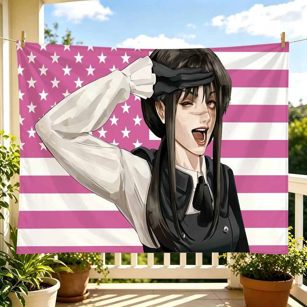 Anime tapestry featuring Chainsaw Man Yoru with a patriotic American flag design.