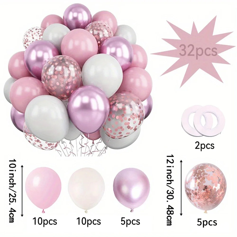 A set of pink and white balloons for celebrations, including various sizes and colors.