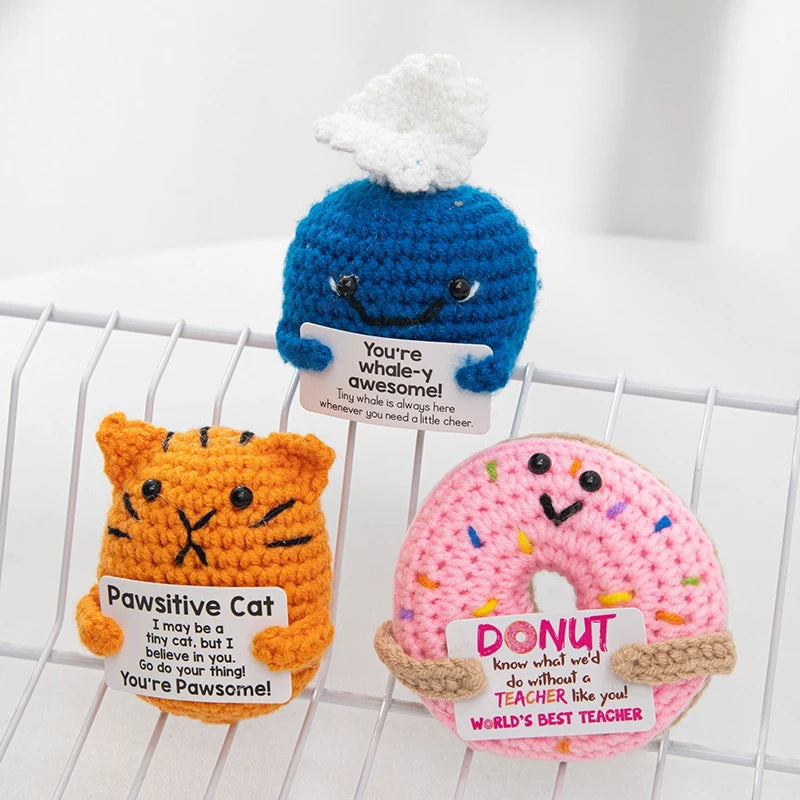 Handmade crochet positive cat and donut toys with inspirational slogans