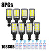 Eight packs of solar powered motion sensor security lights with 108 LED bulbs