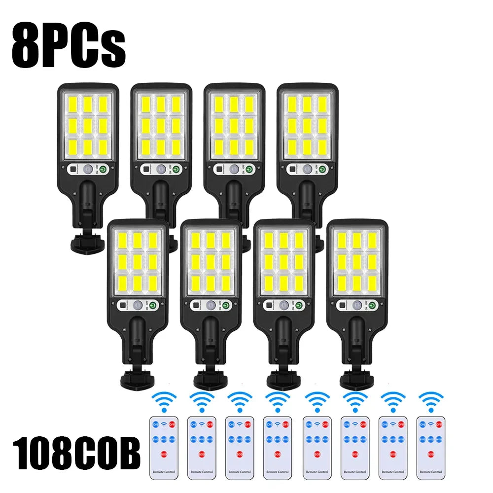 Eight packs of solar powered motion sensor security lights with 108 LED bulbs