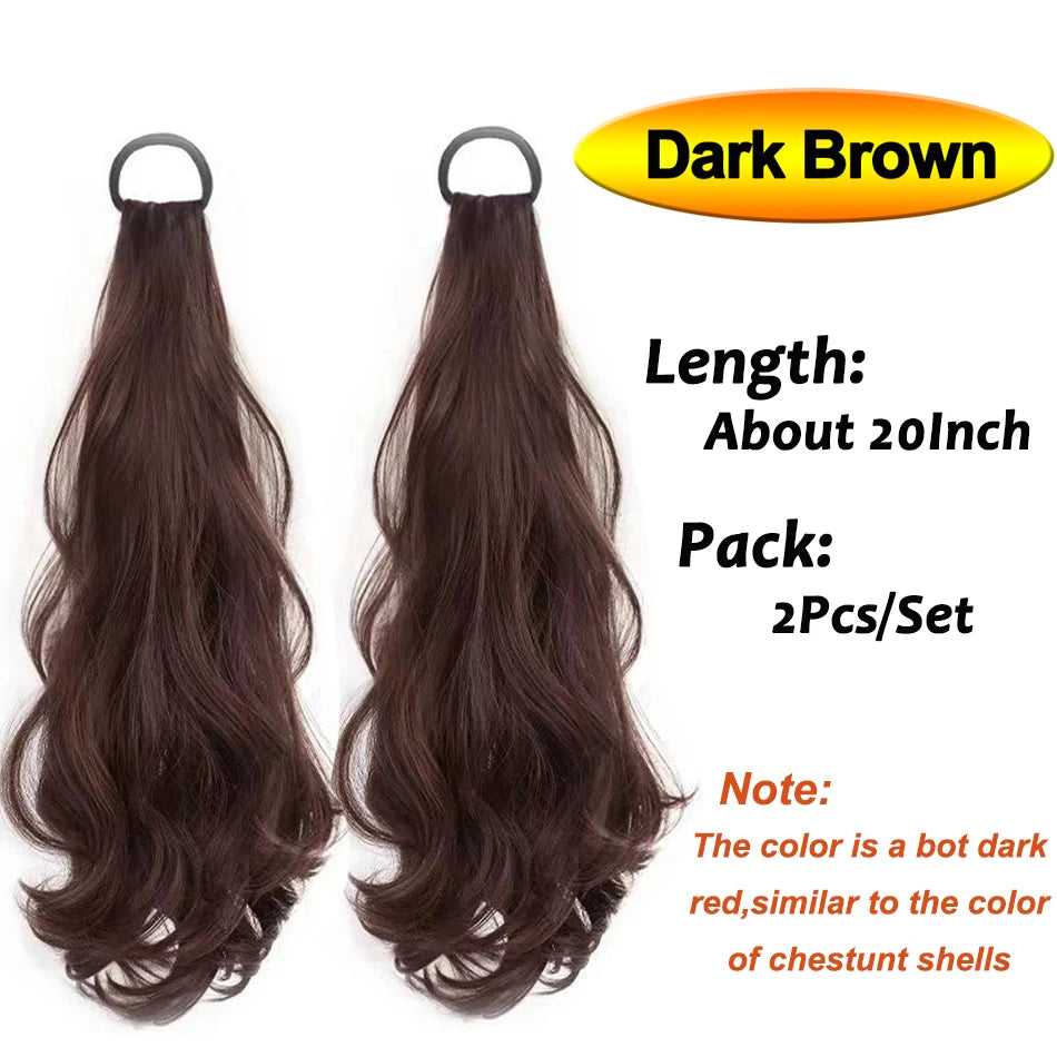 A set of dark brown heat resistant synthetic hair extensions, about 20 inches long.