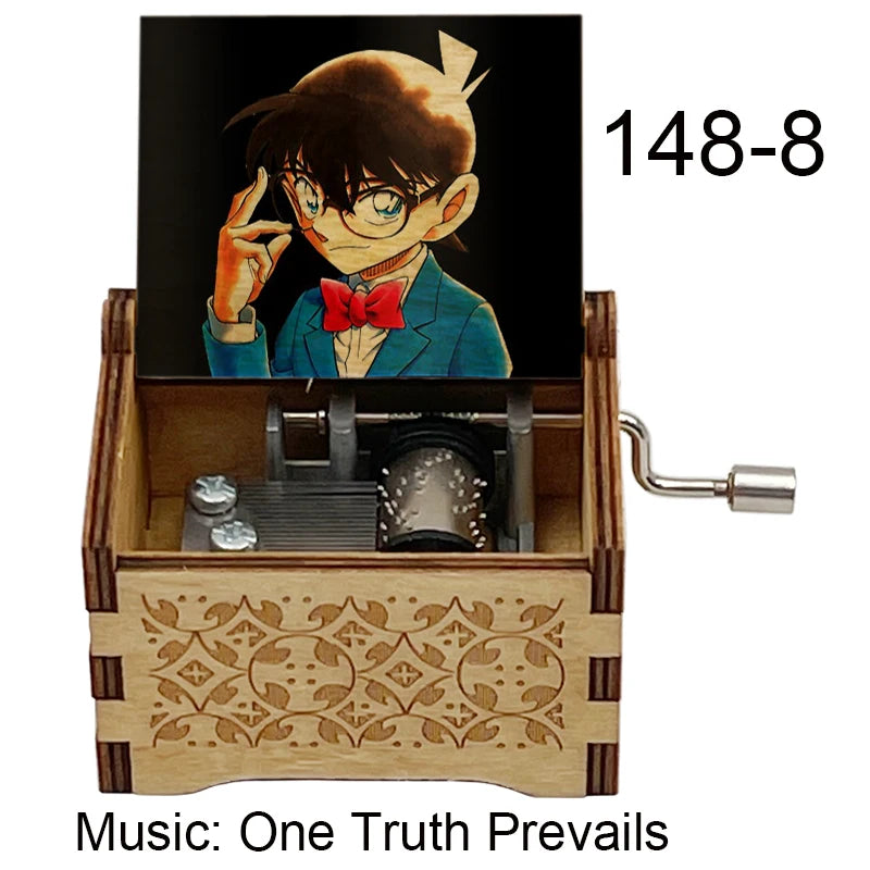 A wooden music box featuring an anime figure of a character, labeled 148-8, with the music title One Truth Prevails.
