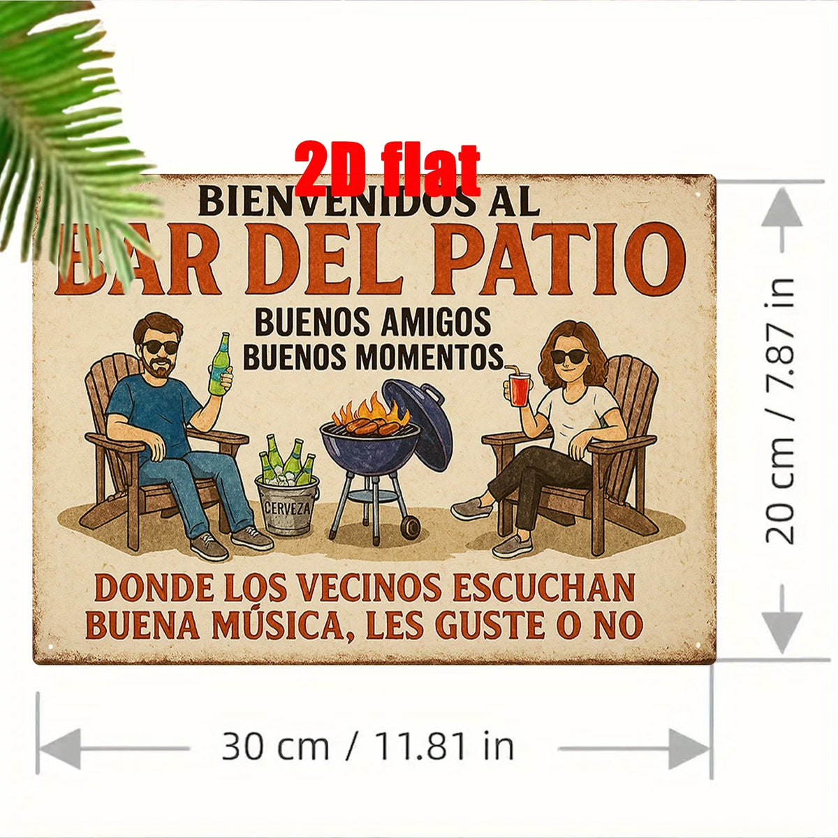 A rustic sign welcoming guests to El Bar del Patio featuring two people enjoying drinks outdoors.