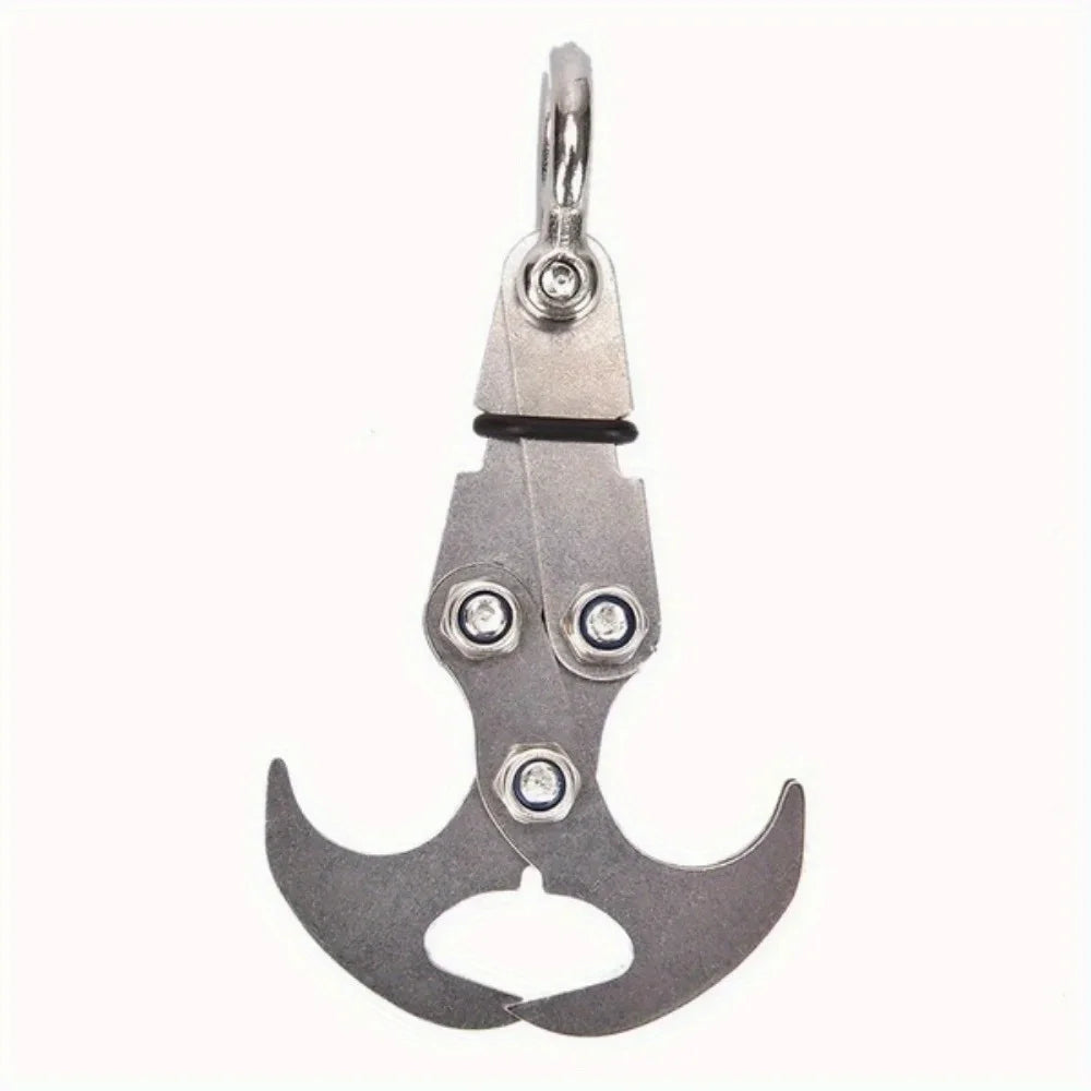 Heavy duty stainless steel gravity hook multi-tool with a curved hook and various tools.