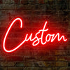 A bright red neon sign spelling the word Custom is mounted on a textured brick wall.