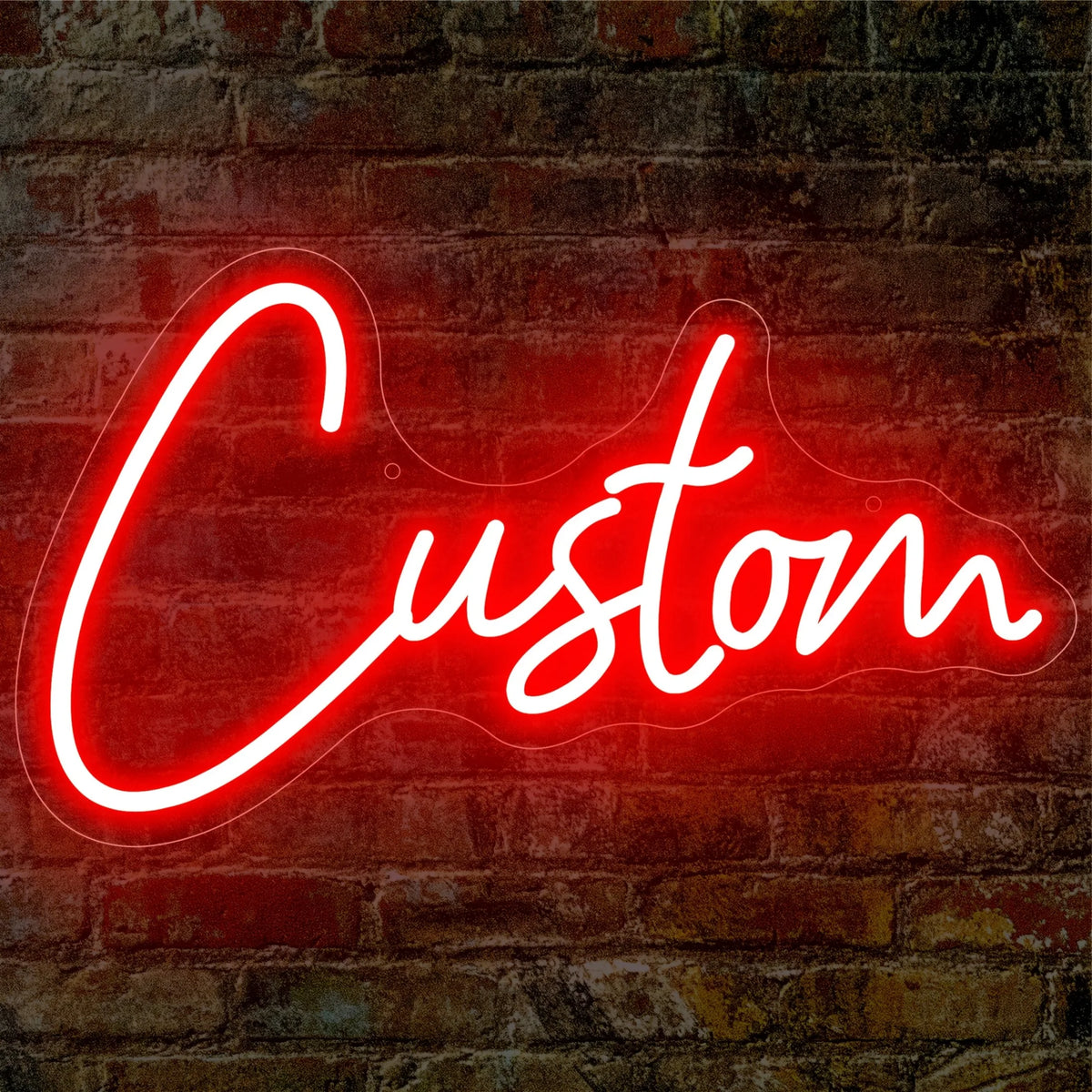 A bright red neon sign spelling the word Custom is mounted on a textured brick wall.