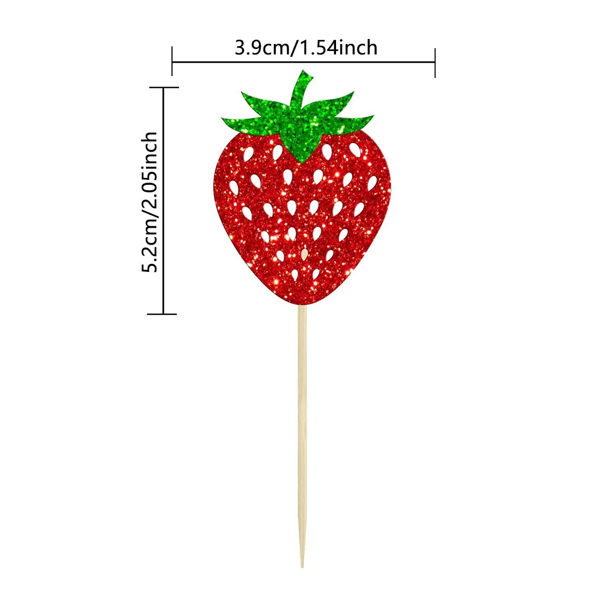 A red strawberry cake topper on a wooden stick with measurements provided.