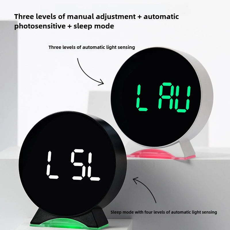 A black LED ambient light alarm clock displaying LAL and LSL, featuring three levels of manual adjustment and automatic light