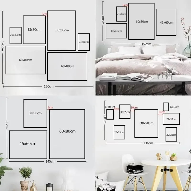 A set of botanical flower canvas prints displayed on a white wall with various size options and furniture.