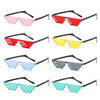 A collection of pixel mosaic sunglasses in various colors including pink, red, yellow, blue, gray, and teal.