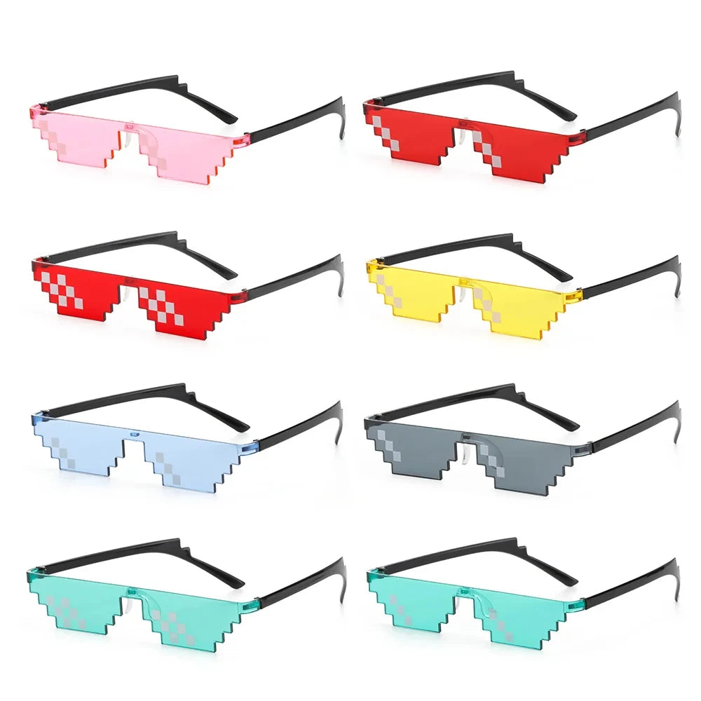 A collection of pixel mosaic sunglasses in various colors including pink, red, yellow, blue, gray, and teal.
