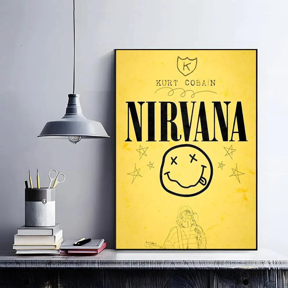 A yellow poster featuring the Nirvana logo and a smiley face, displayed on a shelf.