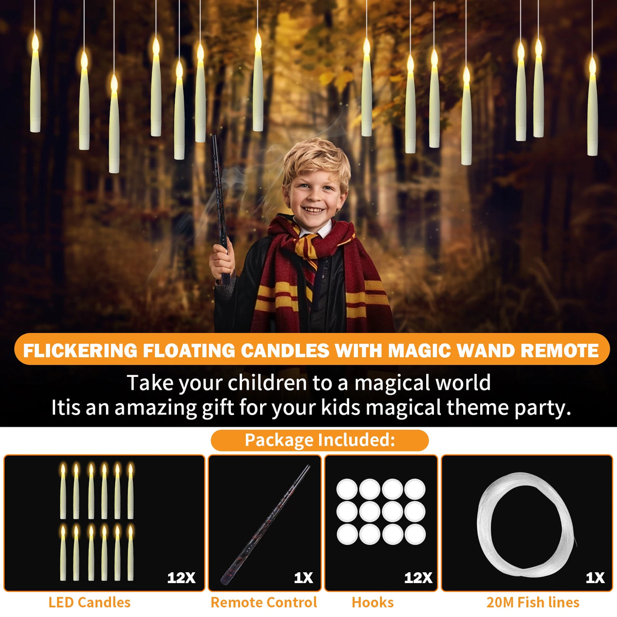 Flameless floating candles with a magic wand remote and fishing lines for a kids party