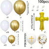 A set of white and gold balloons for a first communion theme including various sizes and decorative elements.