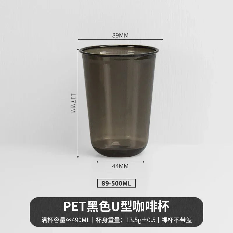 A black disposable U-shaped coffee cup with dimensions 89mm by 117mm and a capacity of 89-500ml.