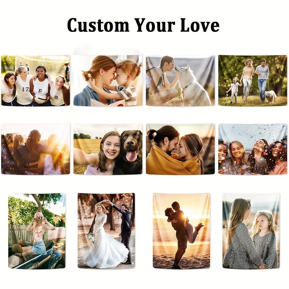 A collection of custom photo tapestries featuring couples and individuals, displayed in various artistic styles.