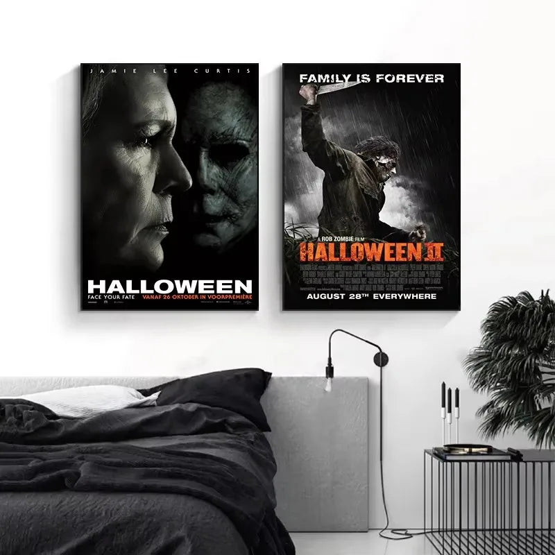 A canvas wall art print featuring a black and white image of Michael Myers from Halloween II.