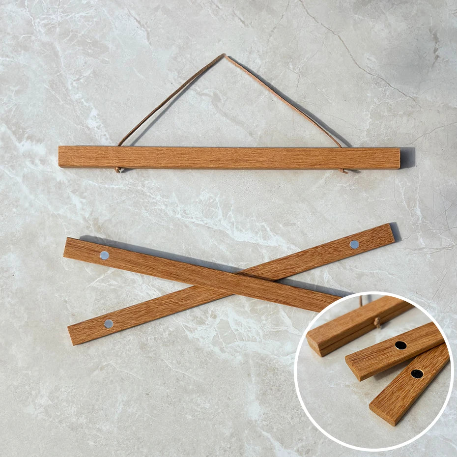 Natural teak wood magnetic poster frame for wall art display shown in various configurations