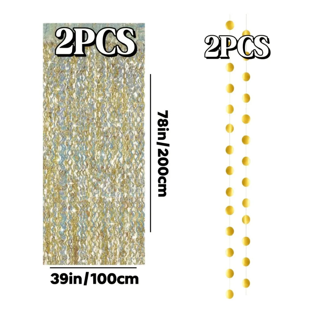 Two pieces of gold laser wavy foil fringe curtain decor, measuring 39 inches by 100 cm.
