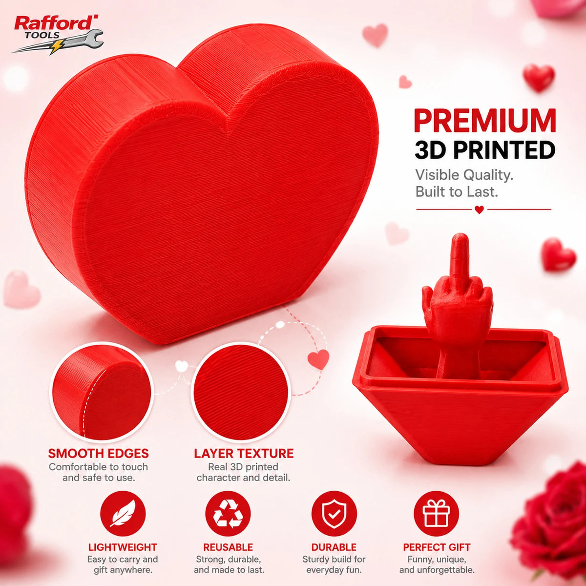 A bright red 3D printed heart shaped box with smooth edges and layer texture, presented as a premium gift.