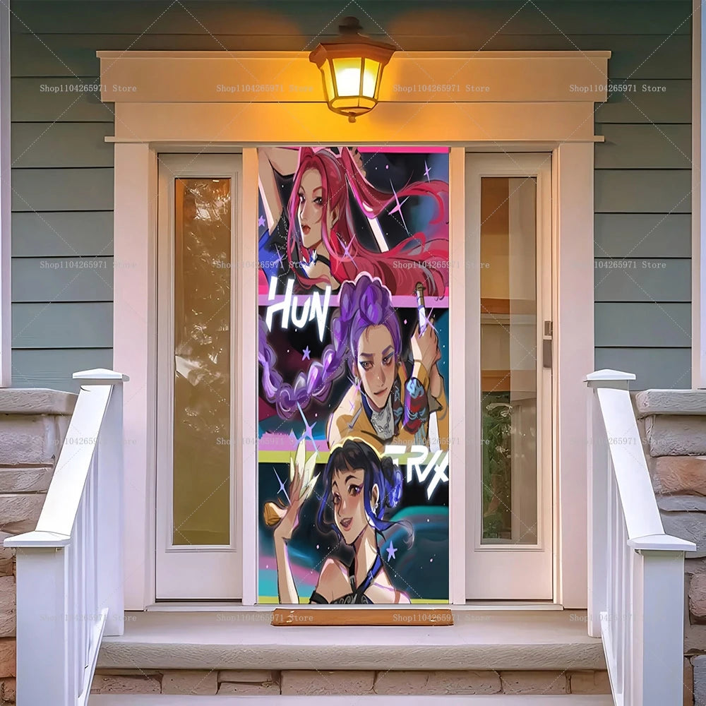 A vibrant anime demon hunters party backdrop featuring a female character with purple hair and glowing effects.