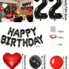 A set of red and black foil number balloons, heart shaped balloons, and round balloons for birthday decorations.