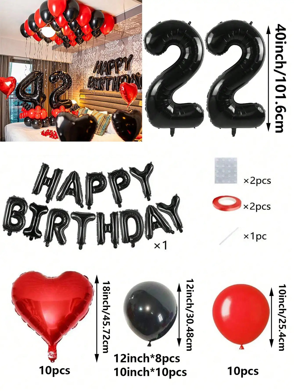 A set of red and black foil number balloons, heart shaped balloons, and round balloons for birthday decorations.