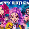 Three anime-style female characters with pink and blue hair celebrating a happy birthday backdrop
