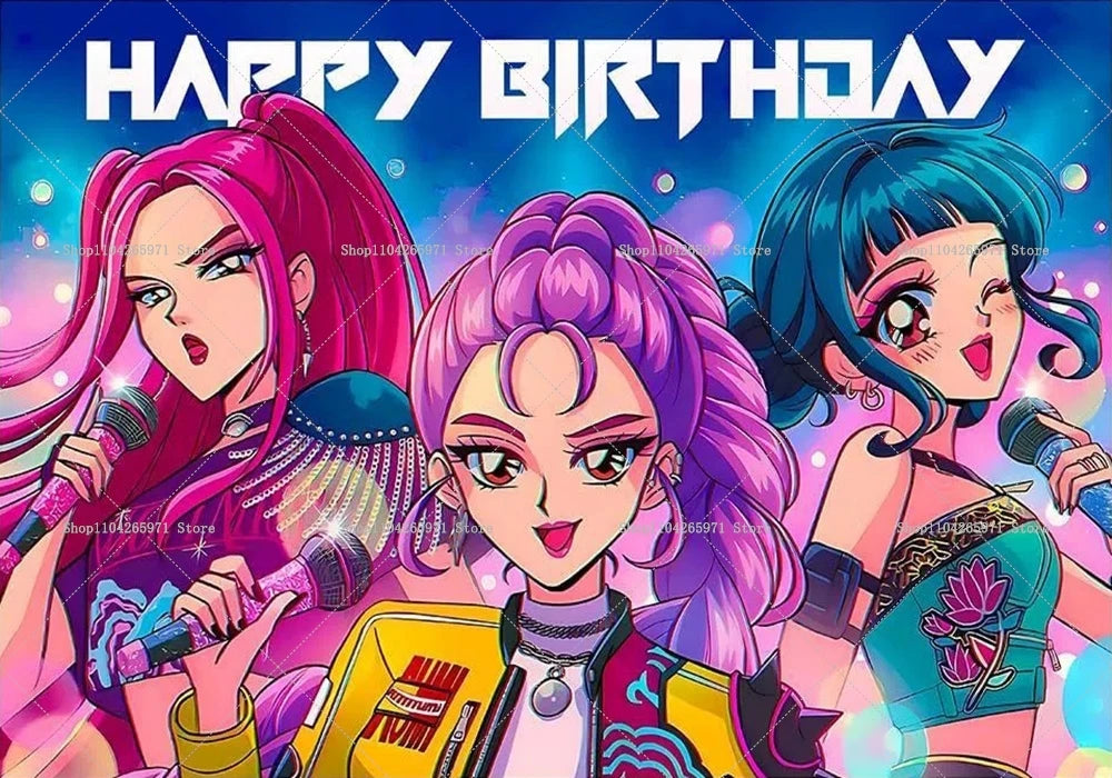 Three anime-style female characters with pink and blue hair celebrating a happy birthday backdrop
