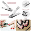 A set of stainless steel manicure and pedicure clippers shown with an ergonomic design and a leather case.