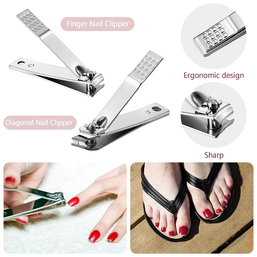 A set of stainless steel manicure and pedicure clippers shown with an ergonomic design and a leather case.