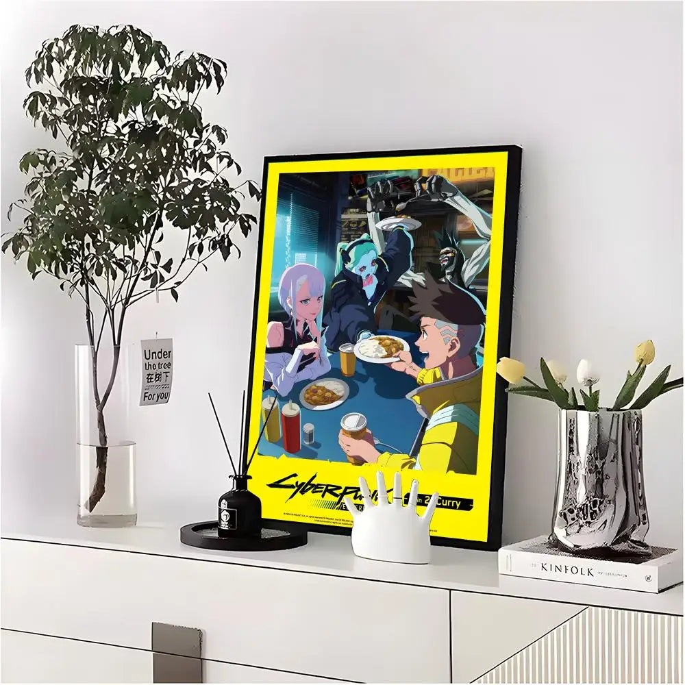 A framed poster featuring characters from Cyberpunk Edgerunners with neon lighting and dramatic shadows.