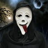 A white face mask resembling a ghostly figure with dark draping and a protruding red tongue.