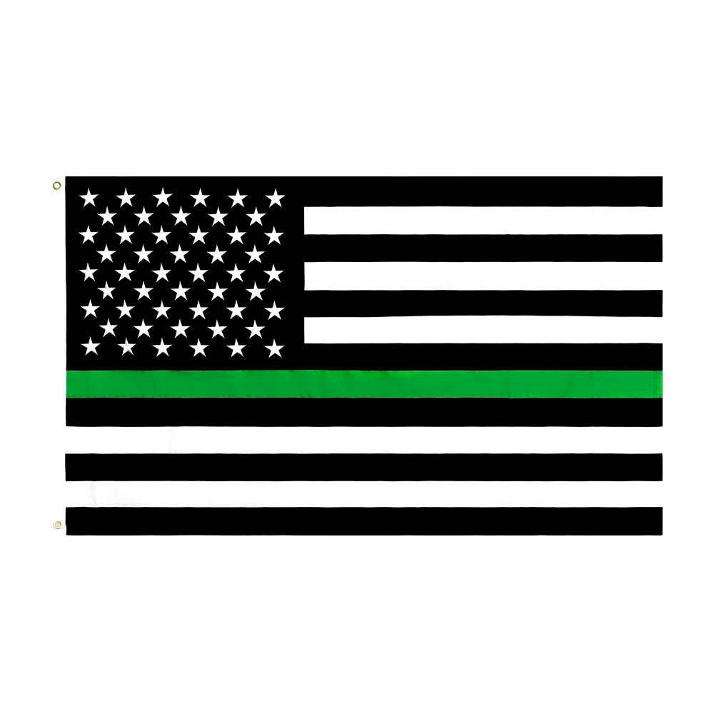 A black and white flag design featuring stars and horizontal stripes, with a green stripe across the middle.
