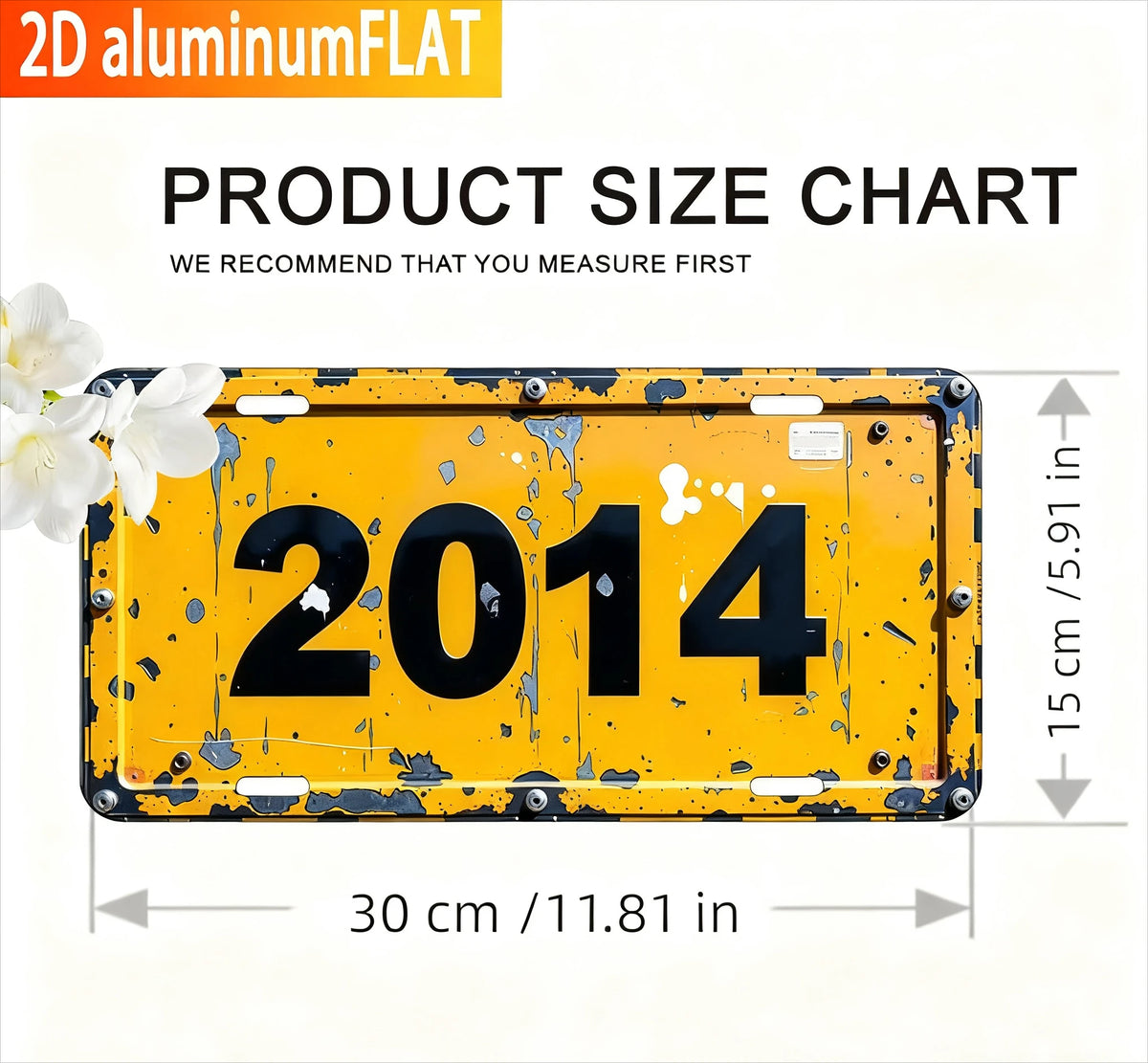 Product size chart for a 2D aluminum FLAT sign measuring 30 cm by 15 cm.