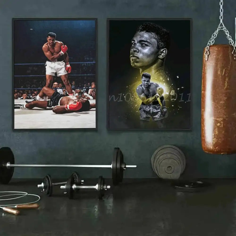 A framed poster featuring a black and white image of Muhammad Ali boxing in a ring.
